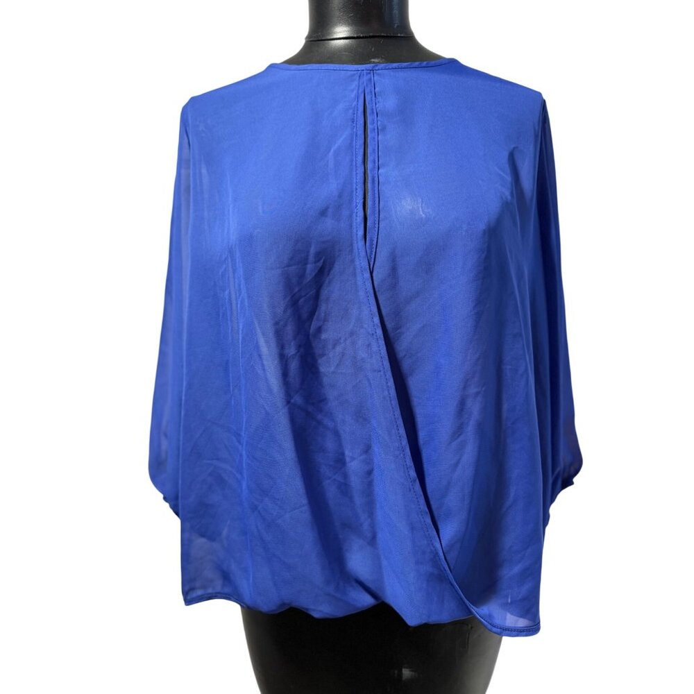ING USA Women’s Blouse Size 2X Royal Blue Chiffon Top Draped Back Sheer